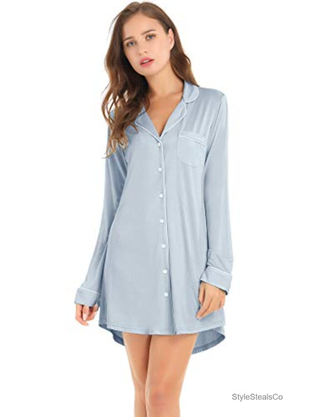 Bamboo Viscose Sleep Shirt Long Sleeve Button Down Nightgown Cooling Pajamas